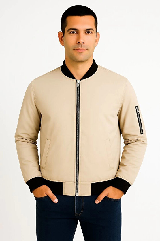 Erkek içi Astarlı Fermuarlı Bomber Mont Ceket - Bej