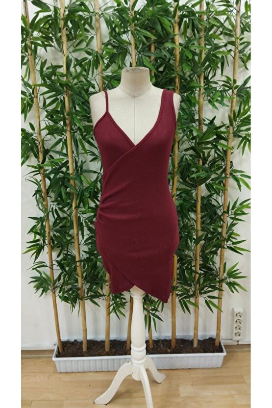 Kadın Tek Omuzu Ip Askılı Kruvaze Yakalı Belden Düğmeli Asimetrik Kesim Detaylı Kaşkorse Elbise