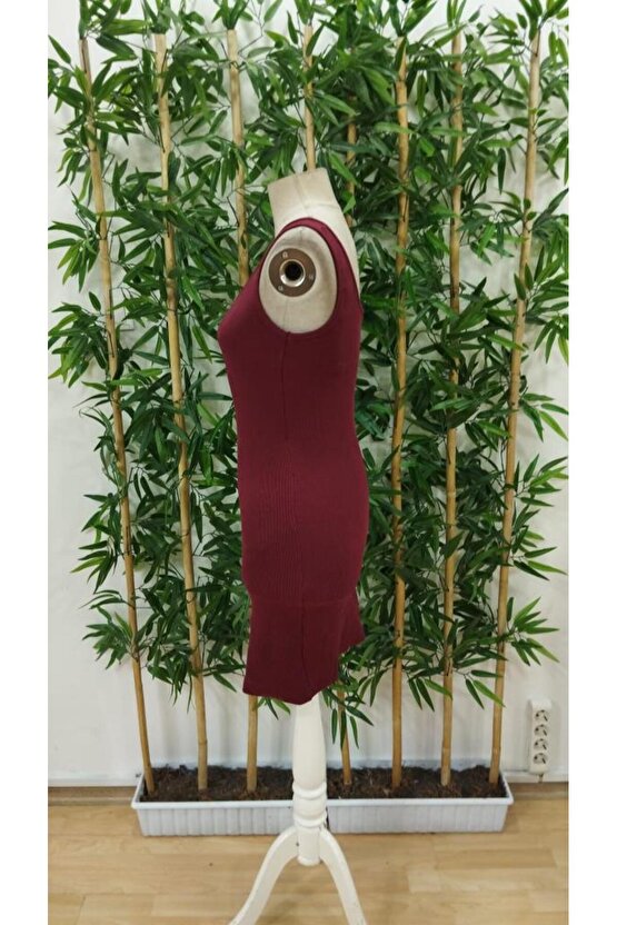 Kadın Tek Omuzu Ip Askılı Kruvaze Yakalı Belden Düğmeli Asimetrik Kesim Detaylı Kaşkorse Elbise