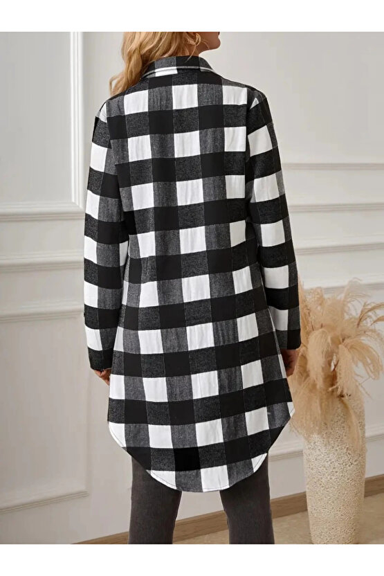 Kadın Uzun Kollu Ekoseli önden Düğmeli Dokuma Uzun Gömlek