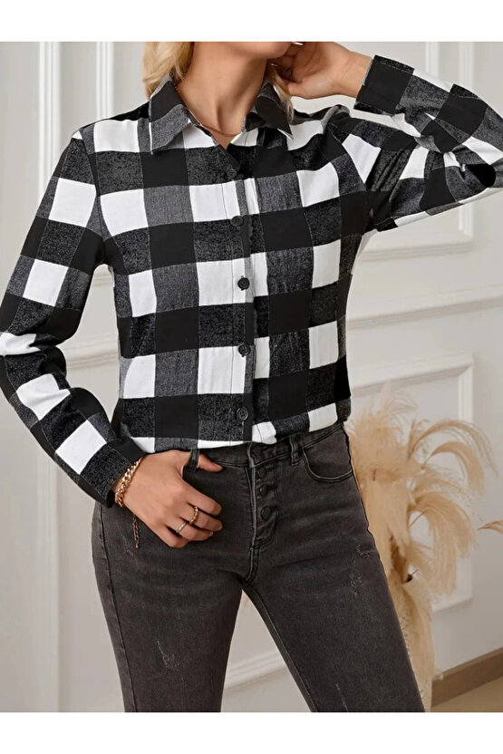 Kadın Uzun Kollu Ekoseli önden Düğmeli Dokuma Uzun Gömlek