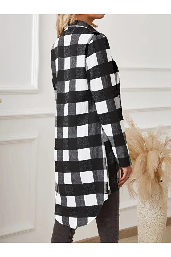 Kadın Uzun Kollu Ekoseli önden Düğmeli Dokuma Uzun Gömlek
