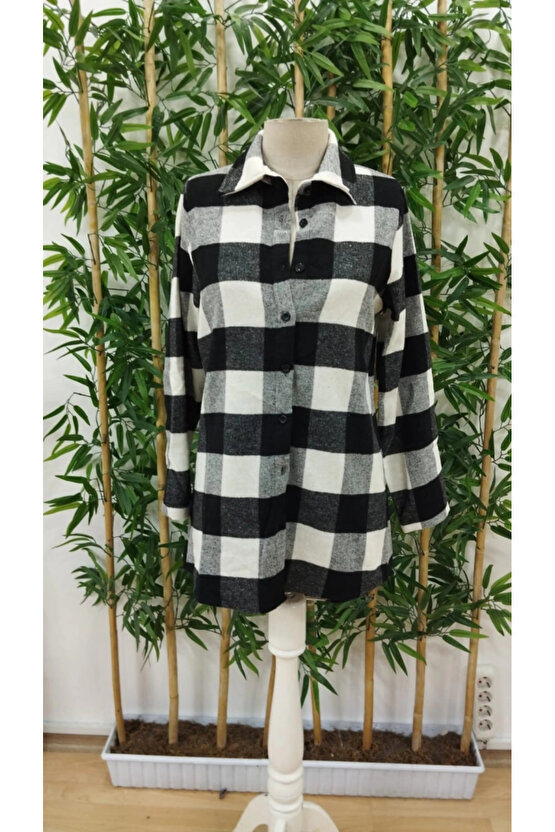 Kadın Uzun Kollu Ekoseli önden Düğmeli Dokuma Uzun Gömlek