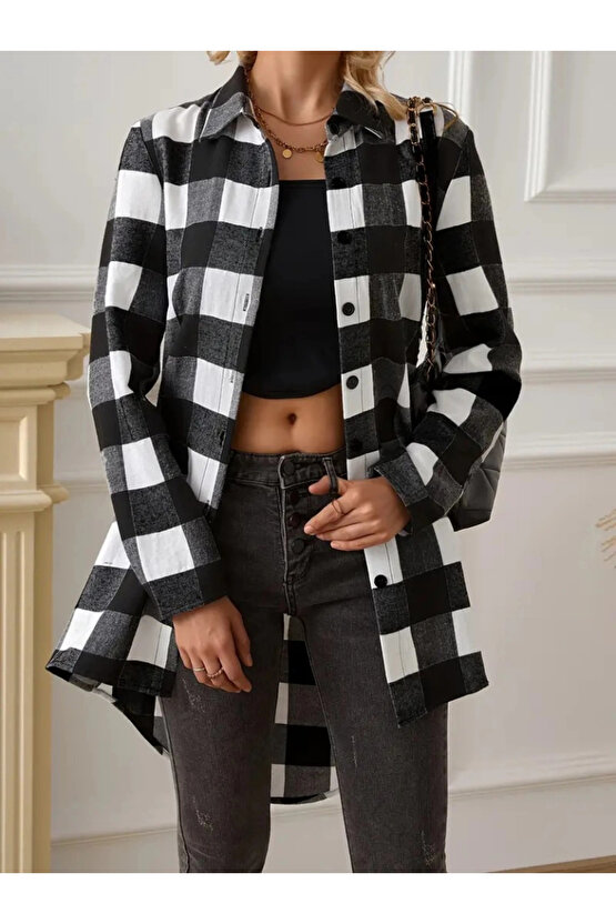 Kadın Uzun Kollu Ekoseli önden Düğmeli Dokuma Uzun Gömlek