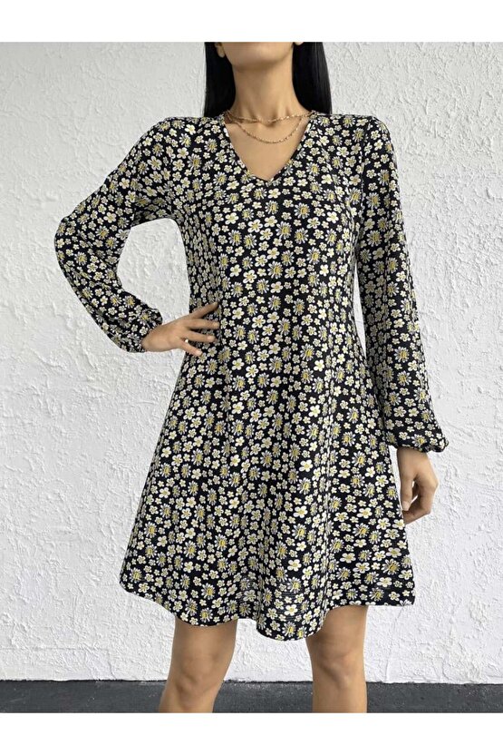 Kadın Uzun Kollu V Yaka çiçek Desenli Helen Kumaş Elbise
