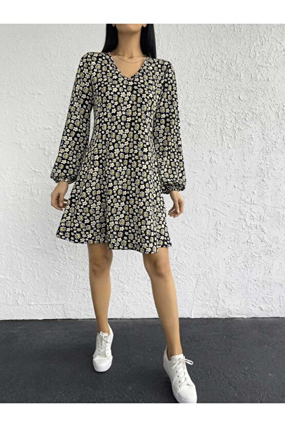 Kadın Uzun Kollu V Yaka çiçek Desenli Helen Kumaş Elbise