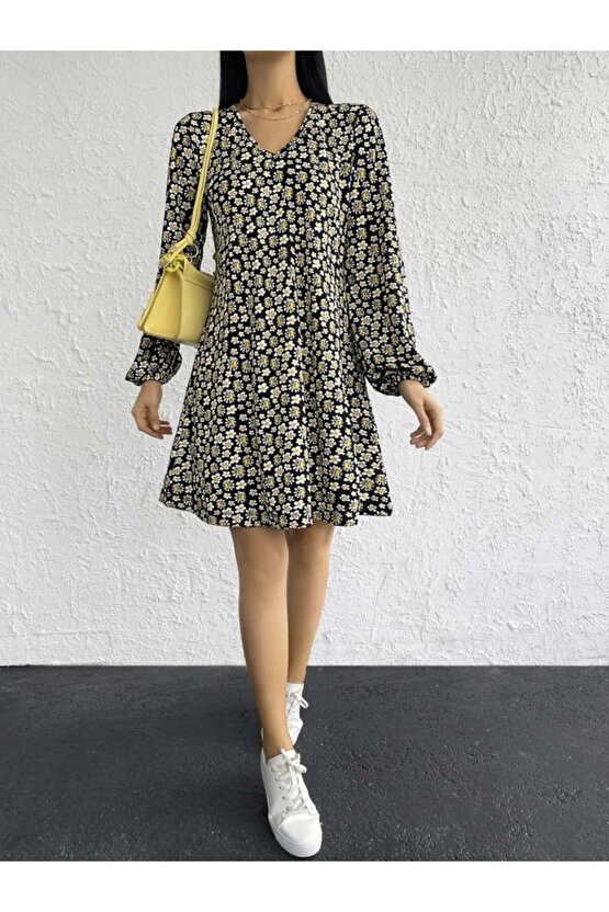 Kadın Uzun Kollu V Yaka çiçek Desenli Helen Kumaş Elbise