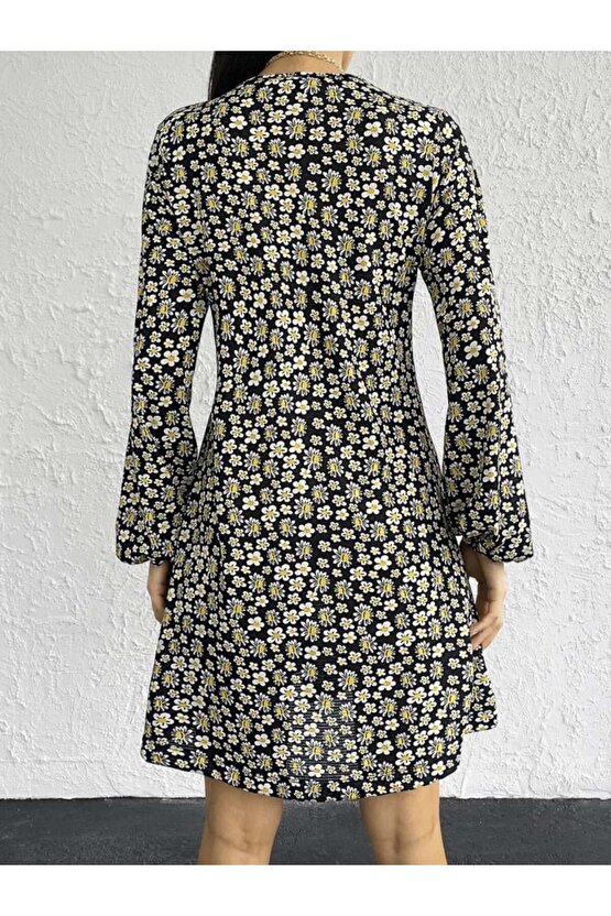 Kadın Uzun Kollu V Yaka çiçek Desenli Helen Kumaş Elbise