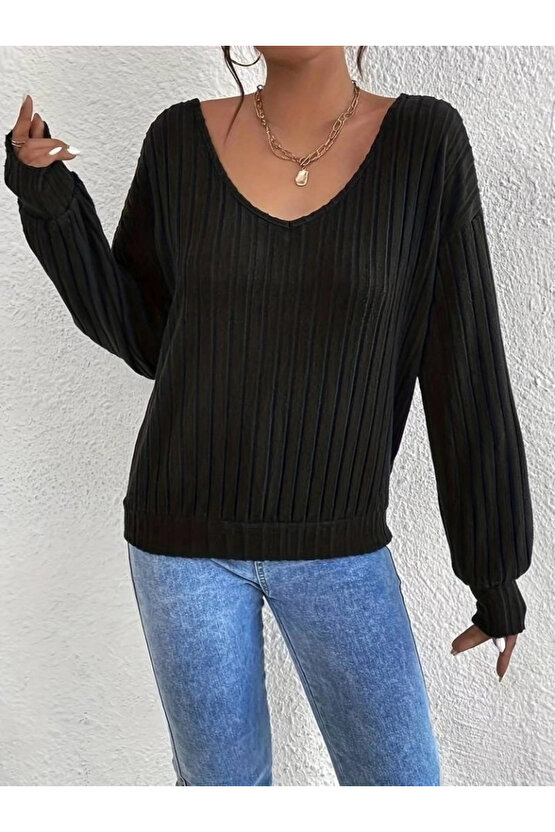 Kadın Uzun Kollu V Yakalı Pencere Sırt Dantel Detaylı Kalın Fitilli Kaşkorse Bluz