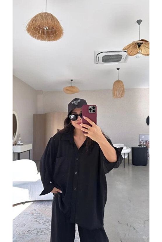 Kadın Flamlı Keten Tek Cep Oversızed Gömlek