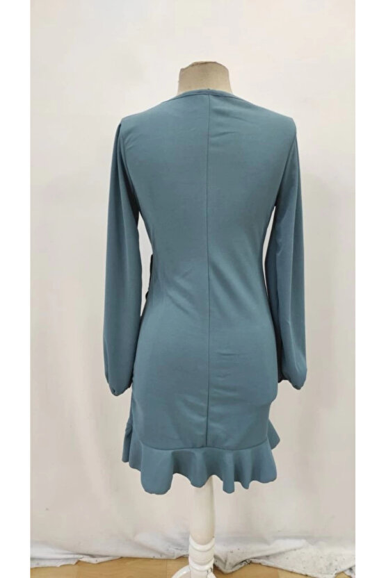 Kadın Uzun Kollu Bisiklet Yaka önden Volanlı Ithal Krep Elbise