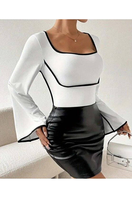 Kadın U Yaka Siyah şerit Detyalı Yarasa Kol Dalgıç Kumaş Arabiyeli Bluz