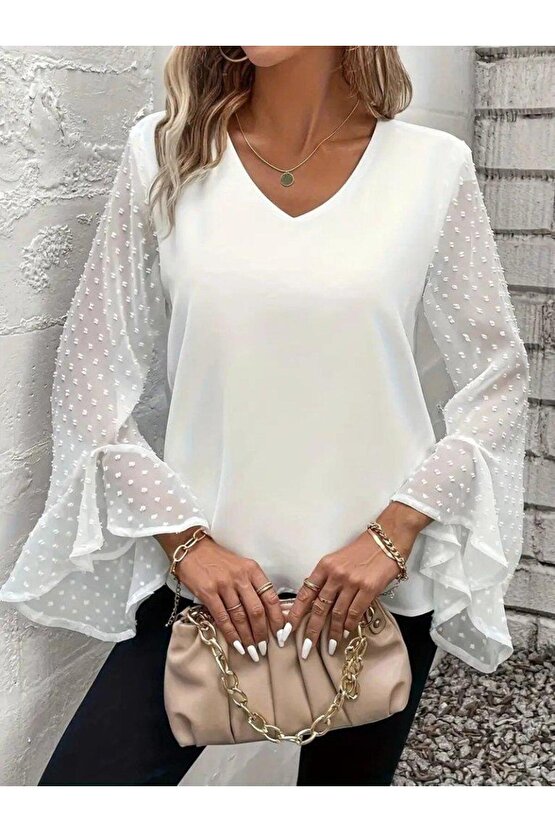 Kadın Uzun Kollu V Yakalı Kolları Ispanyol Detayı Sandy Bluz