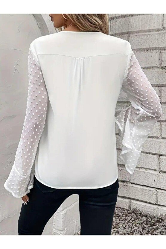 Kadın Uzun Kollu V Yakalı Kolları Ispanyol Detayı Sandy Bluz