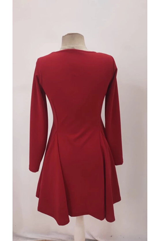 Kadın Uzun Kollu Kare Yakalı Mini Ithal Krep Elbise