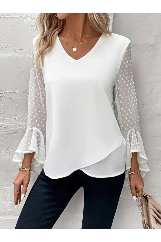 Kadın Uzun Kollu V Yakalı Kolları Ispanyol Detayı Sandy Bluz