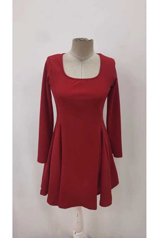 Kadın Uzun Kollu Kare Yakalı Mini Ithal Krep Elbise