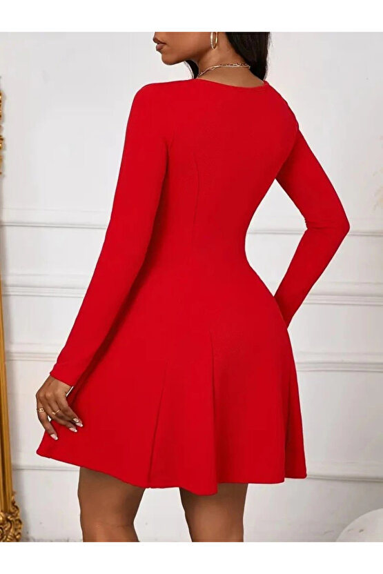 Kadın Uzun Kollu Kare Yakalı Mini Ithal Krep Elbise