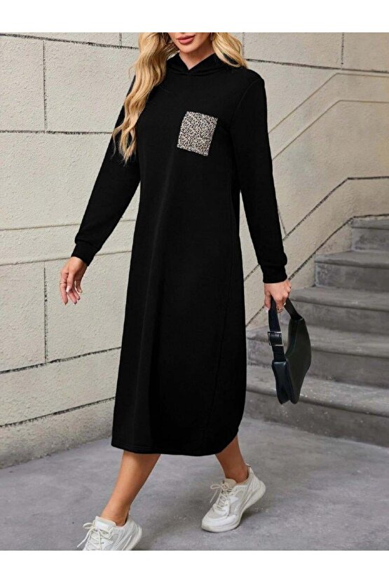 Kadın Uzun Kollu Kapşonlu Cep Detaylı Viskon Iki Iplik Maxi Elbise