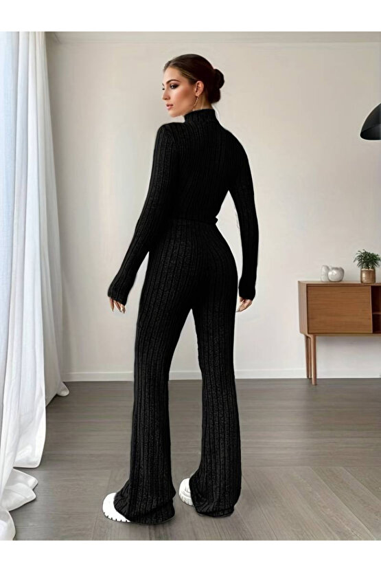 EQURİ Kadın Uzun Kollu Balıkçı Yaka Krop Ve Pantolon şardonlu Kaşkorse Ikili Takım