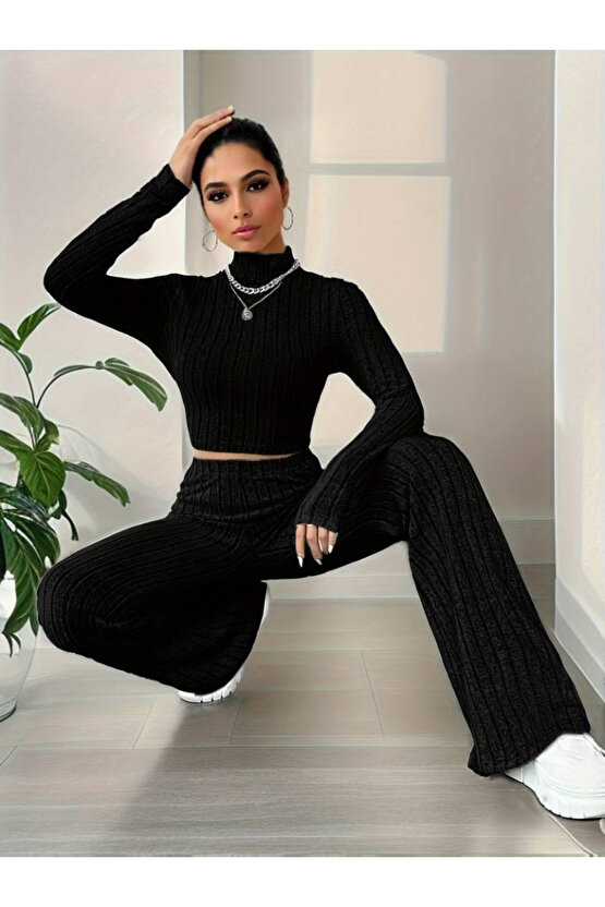 EQURİ Kadın Uzun Kollu Balıkçı Yaka Krop Ve Pantolon şardonlu Kaşkorse Ikili Takım