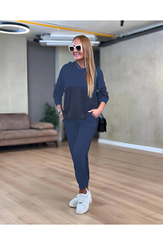 Kadın Uzun Kollu Kapşonlu Viskon Iki Iplik Bluz Ve Pantolon Ikili Takım