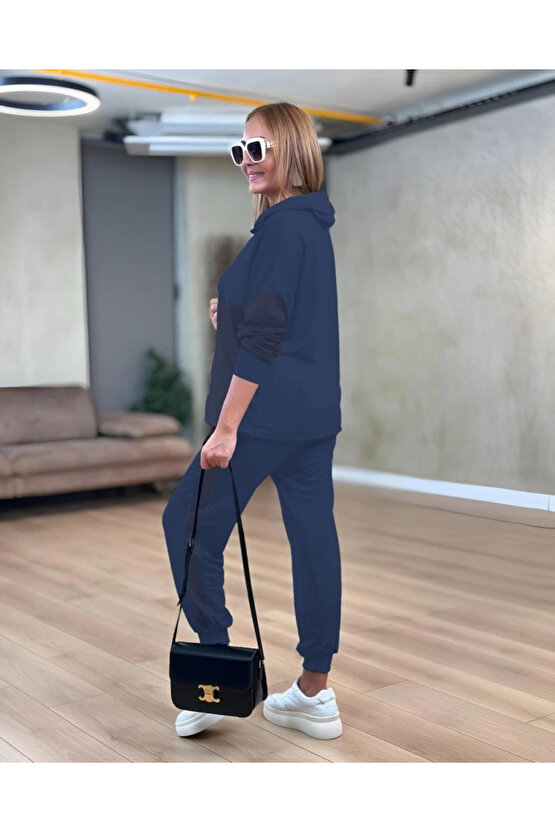 Kadın Uzun Kollu Kapşonlu Viskon Iki Iplik Bluz Ve Pantolon Ikili Takım