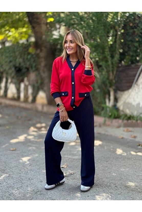 EQURİ Kadın Uzun Kollu Ribanali Cep Detay Hırka Ve Bol Paça Pantolon Ikili Takım