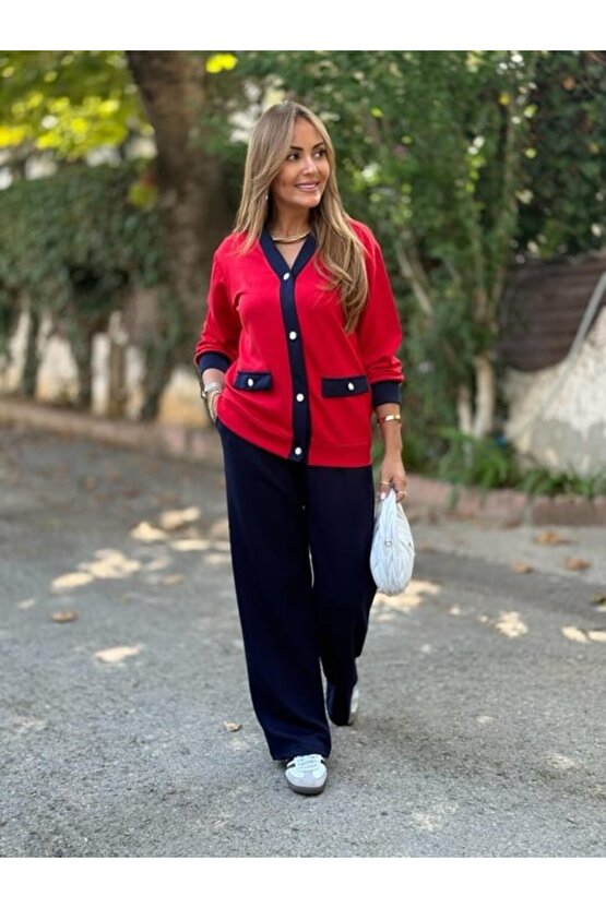 EQURİ Kadın Uzun Kollu Ribanali Cep Detay Hırka Ve Bol Paça Pantolon Ikili Takım