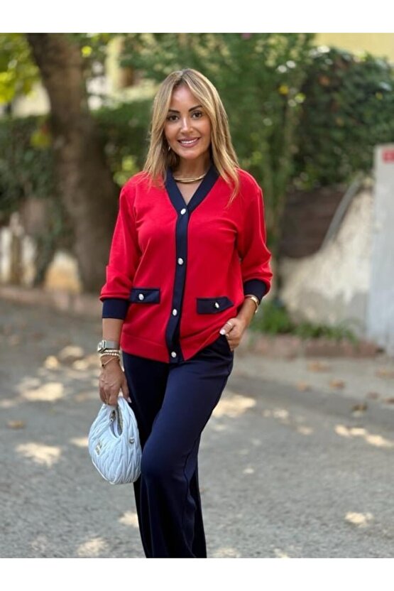 EQURİ Kadın Uzun Kollu Ribanali Cep Detay Hırka Ve Bol Paça Pantolon Ikili Takım