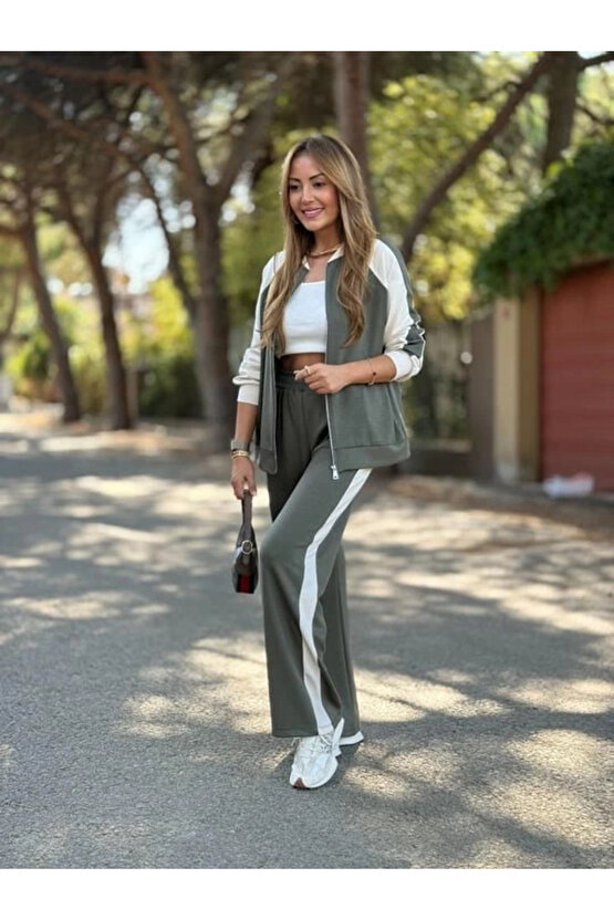 Kadın Hakim Yaka şerit Detay Hırka Ve Bol Paça Pantolon Ikili Takım