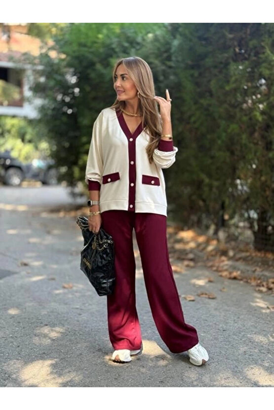 Kadın Uzun Kollu Ribanali Cep Detay Hırka Ve Bol Paça Pantolon Ikili Takım