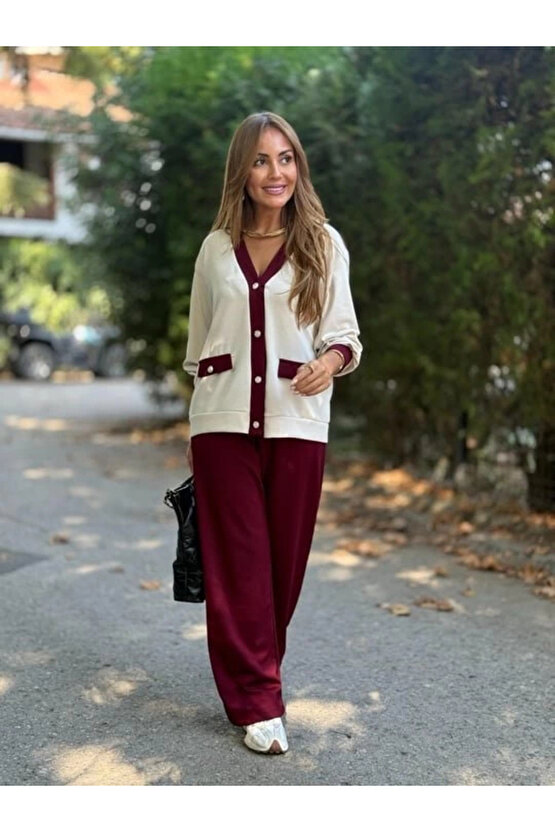 Kadın Uzun Kollu Ribanali Cep Detay Hırka Ve Bol Paça Pantolon Ikili Takım