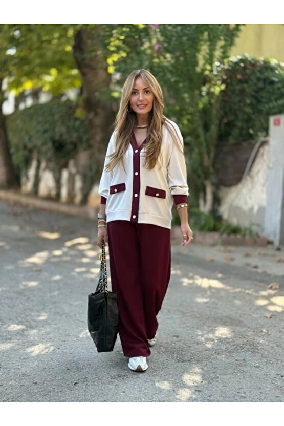 Kadın Uzun Kollu Ribanali Cep Detay Hırka Ve Bol Paça Pantolon Ikili Takım