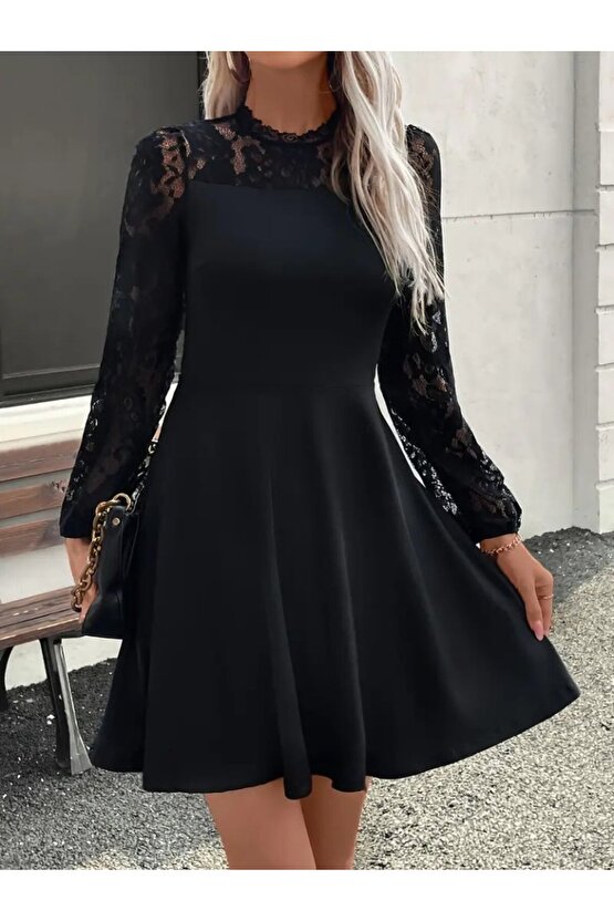 Kadın Uzun Kollu Dantelli Kloş Mini Ithal Krep Elbise