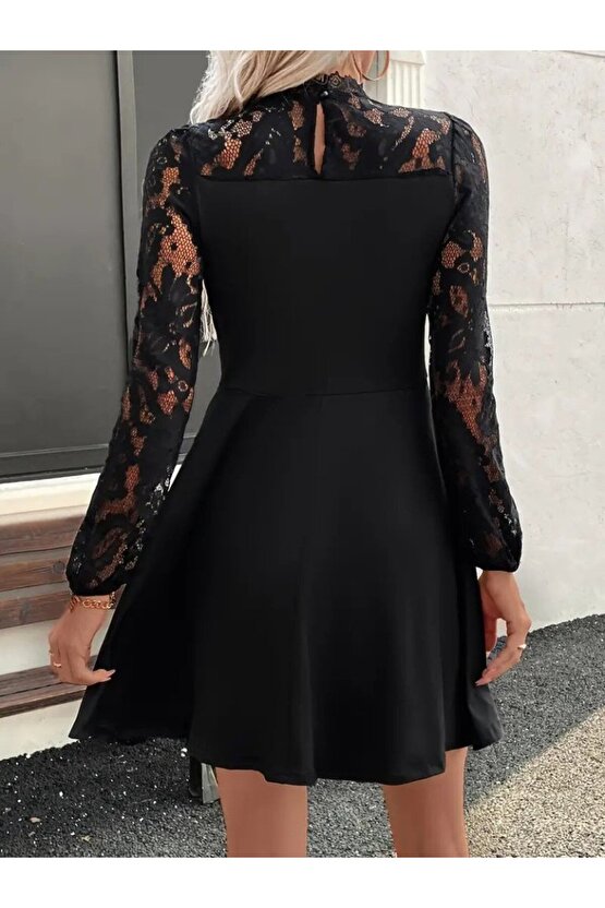 Kadın Uzun Kollu Dantelli Kloş Mini Ithal Krep Elbise