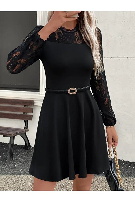 Kadın Uzun Kollu Dantelli Kloş Mini Ithal Krep Elbise