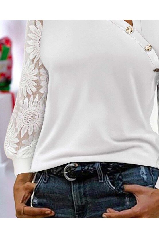 Kadın Uzun Kollu Yakası Asimetrik Detaylı Düğmeli Viskon Iki Iplik Bluz