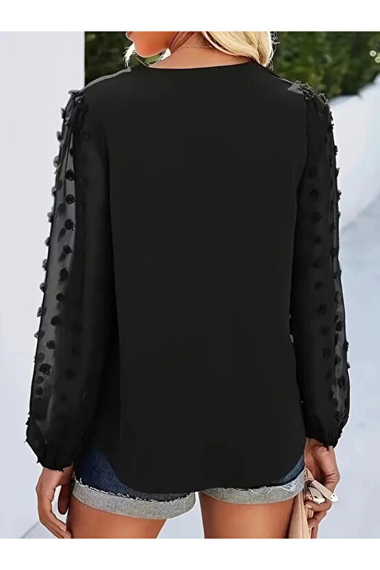 Kadın Uzun Kollu V Yakalı Kolları Popon Detaylı Sandy Bluz