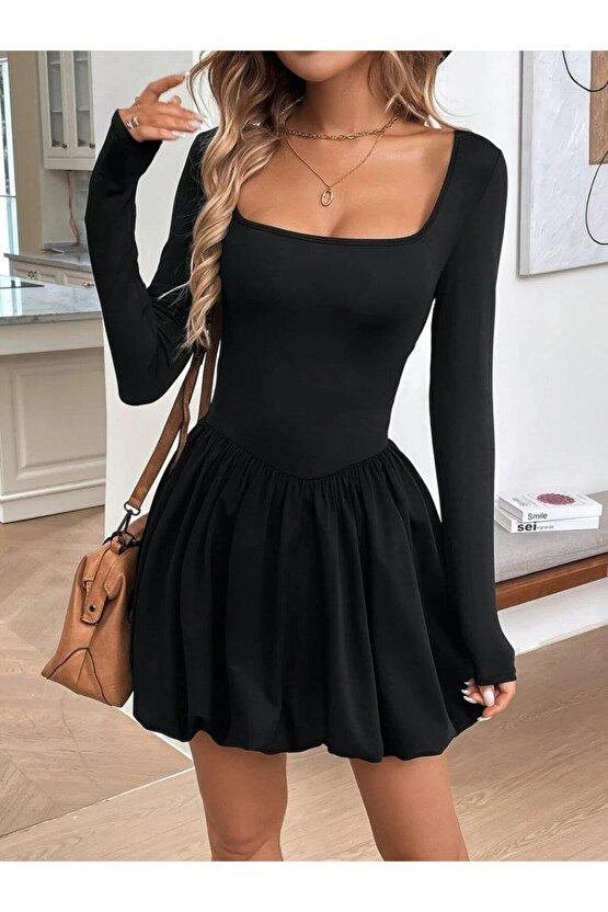 Kadın Uzun Kollu Kare Yaka Mini Balon Modal Elbise