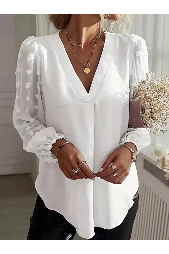 Kadın Uzun Kollu V Yakalı Kolları Popon Detaylı Sandy Bluz