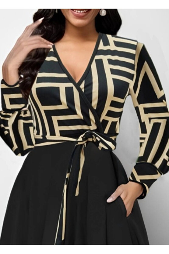 Kadın Uzun Kollu Kruvaze Yaka Dalgıç Krep Midi Boy Elbise