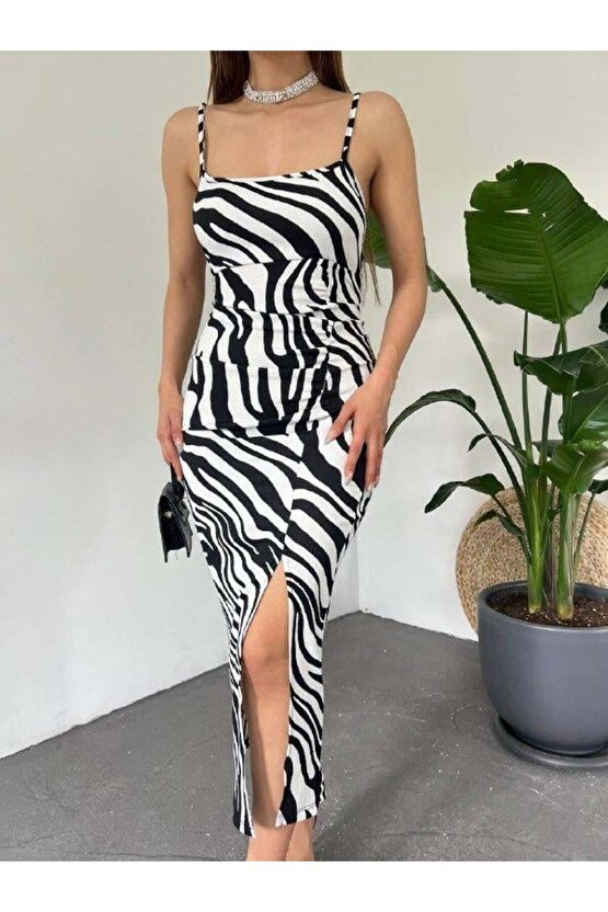 Kadın Zebra Baskılı Omuz Askılı Sırt Dekolteli Yırtmaç Detay Elbise