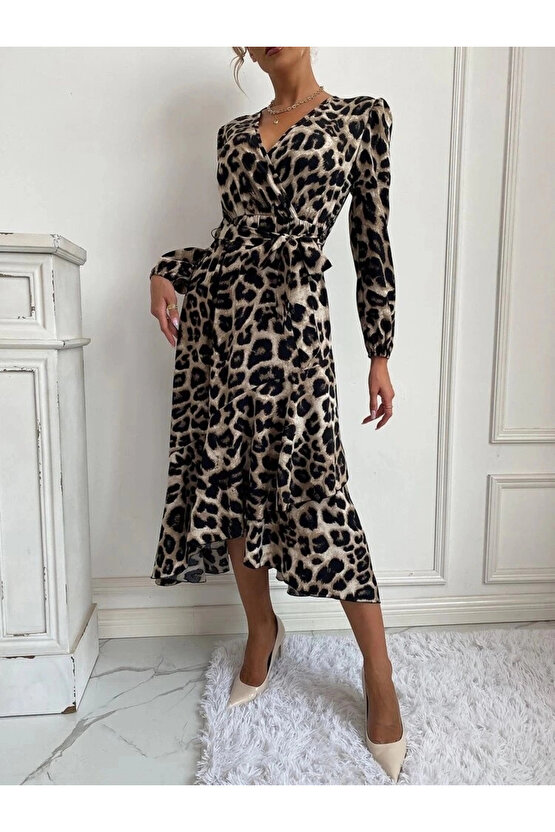 Kadın Uzun Kollu Kruvaze Yakalı Belden Kuşaklı Leopar