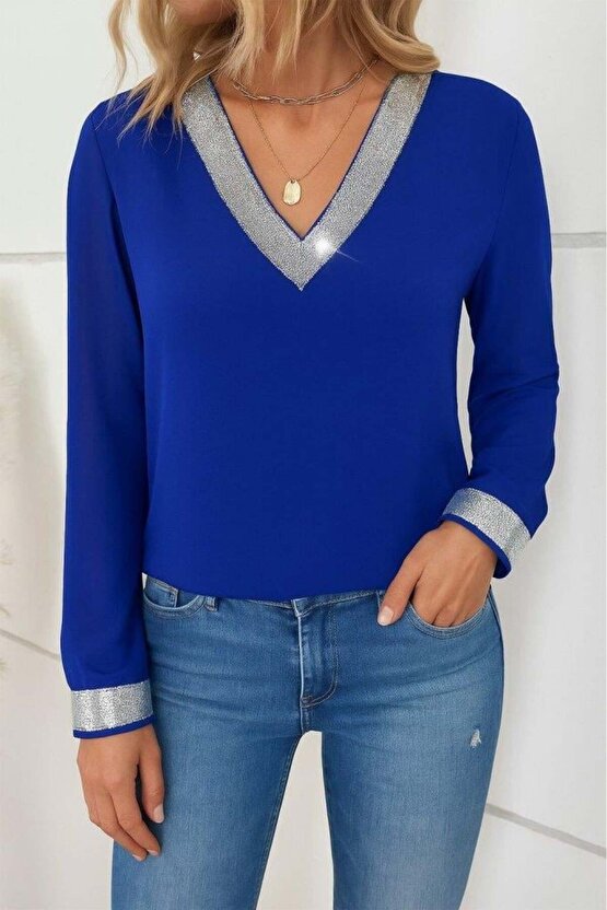 Kadın Uzun Kollu V Pulpayet Yakalı Ithal Krep Bluz