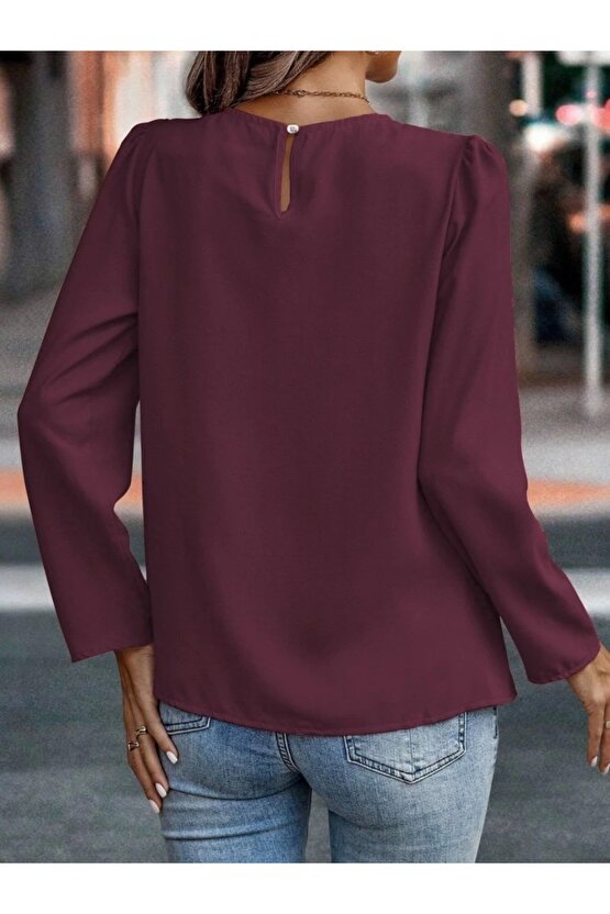 Kadın Uzun Kollu Yuvarlak önden Pileli Ithal Krep Bluz