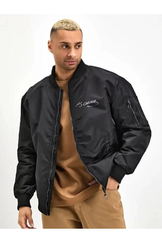 eyesof Unisex Uzun Kol Baskılı Bomber Ceket - Siyah