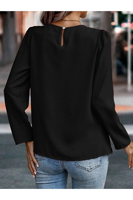 Kadın Uzun Kollu Yuvarlak önden Pileli Ithal Krep Bluz