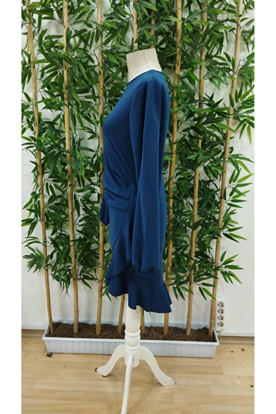 Kadın Uzun Kollu Bisiklet Yaka önden Volanlı Ithal Krep Elbise