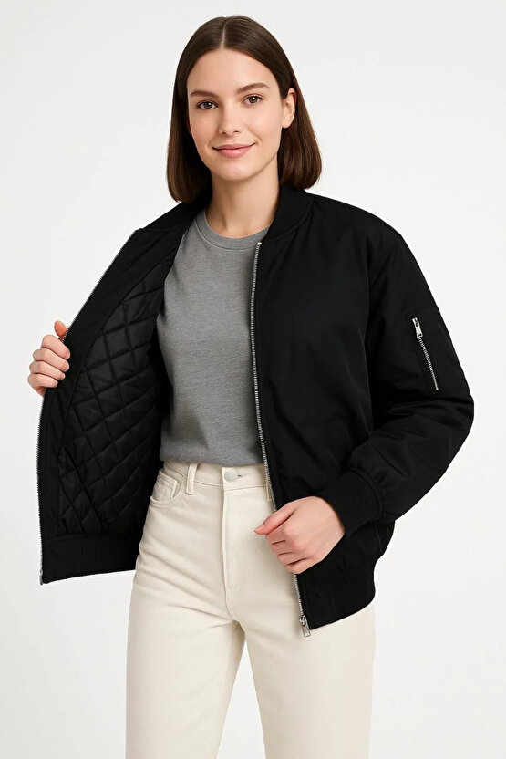 Kadın Bomber Mont Ceket – Fermuarlı, Kapitone İçi Astarlı, Su İtici Kumaş, Regular Fit, Yandan Cepli